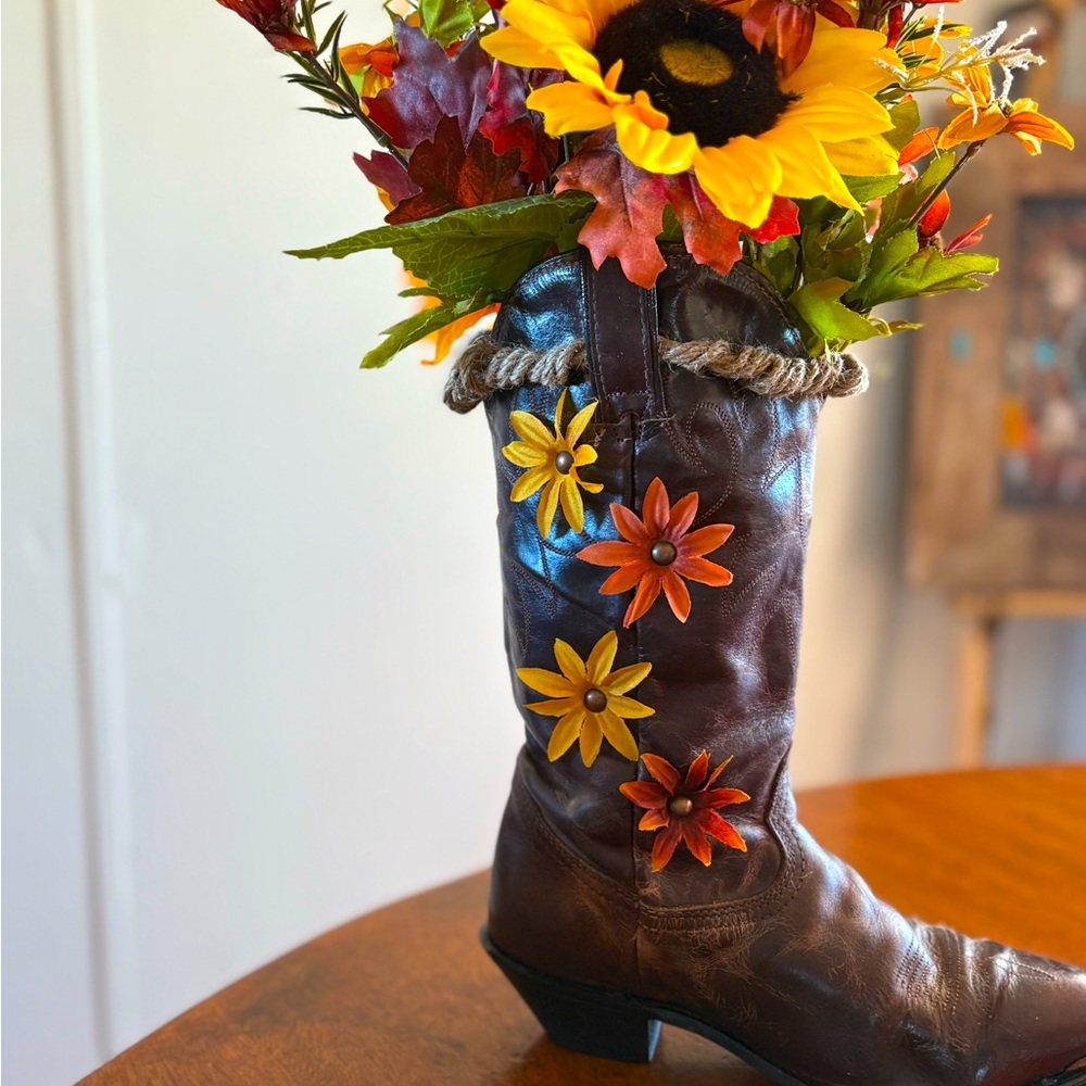 Brown and Yellow Faux Floral Accent Boot Vase